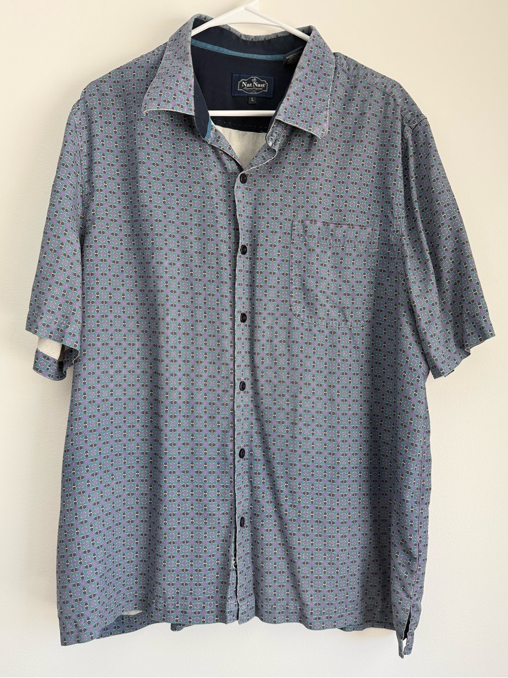Nat Nast Blue Short Sleeve Dress Shirt 100% Silk Size Large